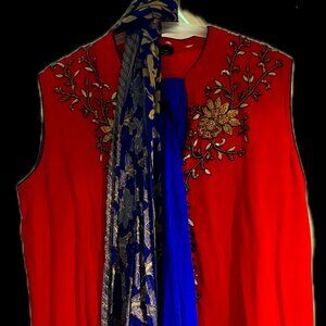 Formal salwar kameez: pink embroidered tunic, royal blue pants, blue print scarf